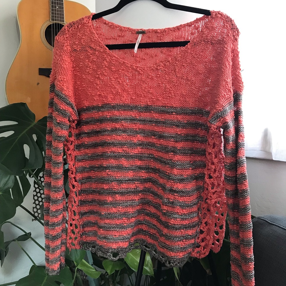 Free People Striped Crochet Pullover Sweater